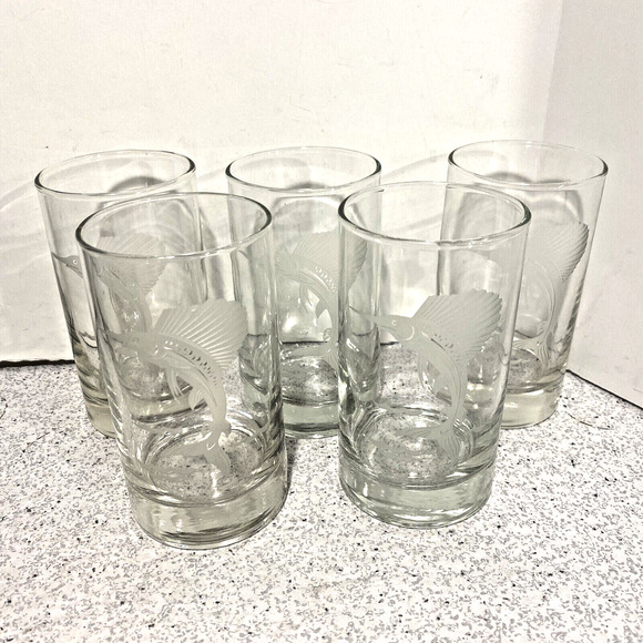 Vintage Cocktail Glasses Game Fish Swordfish Sport Fishing Barware Set of 5 - Picture 3 of 8